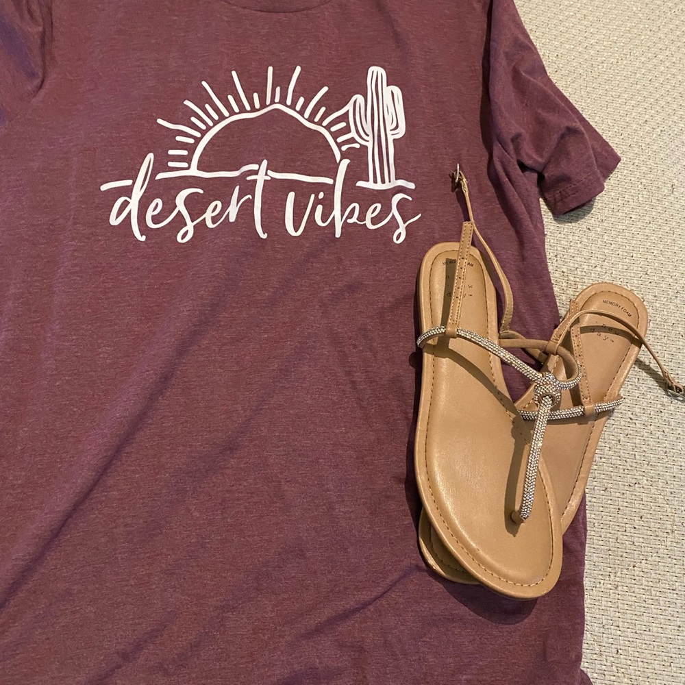 Desert Vibes Purple T-Shirt and Tan Sandals
